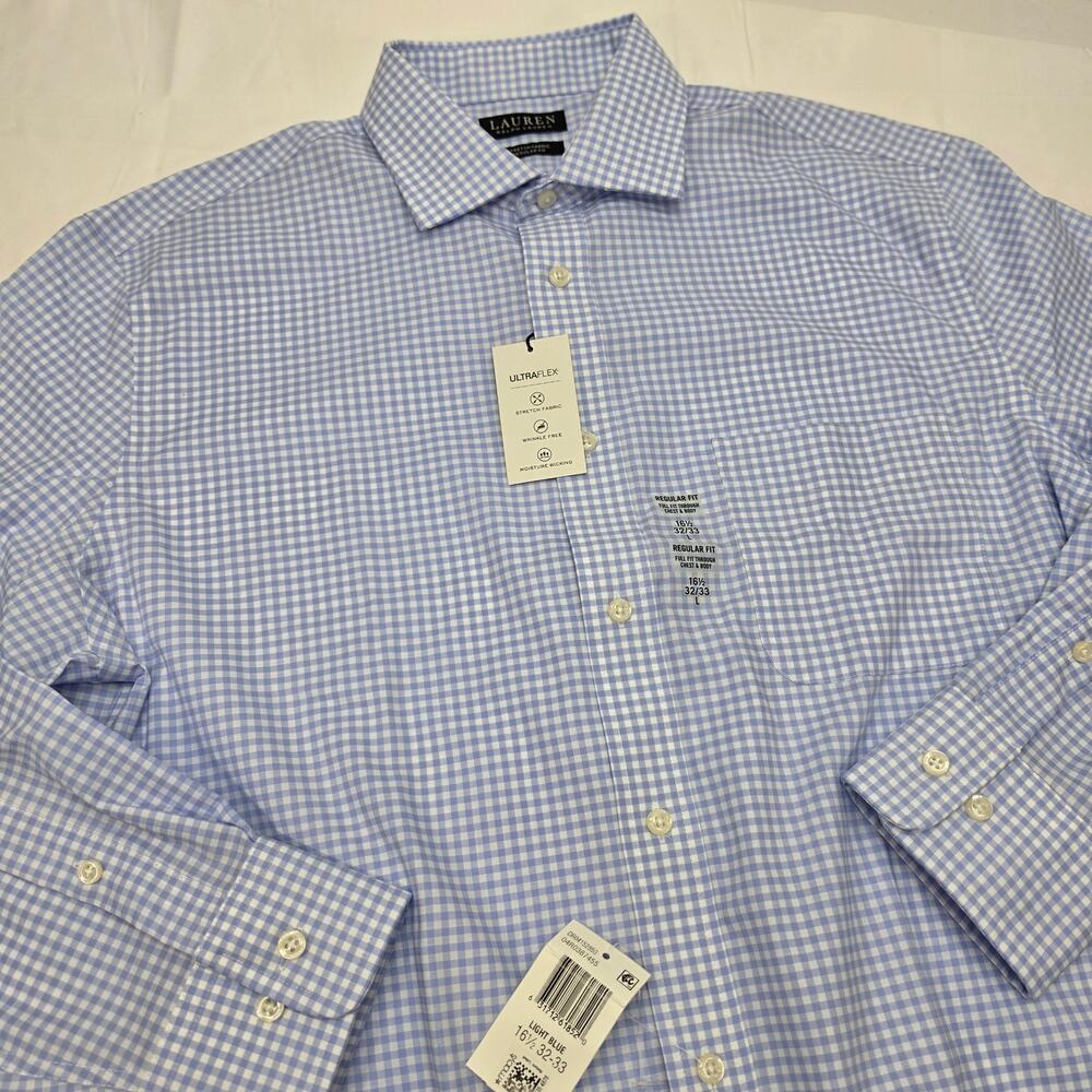 NWT Lauren Ralph Lauren Ultraflex Dress Shirt 16.5 32/33 Blue Gingham Stretch